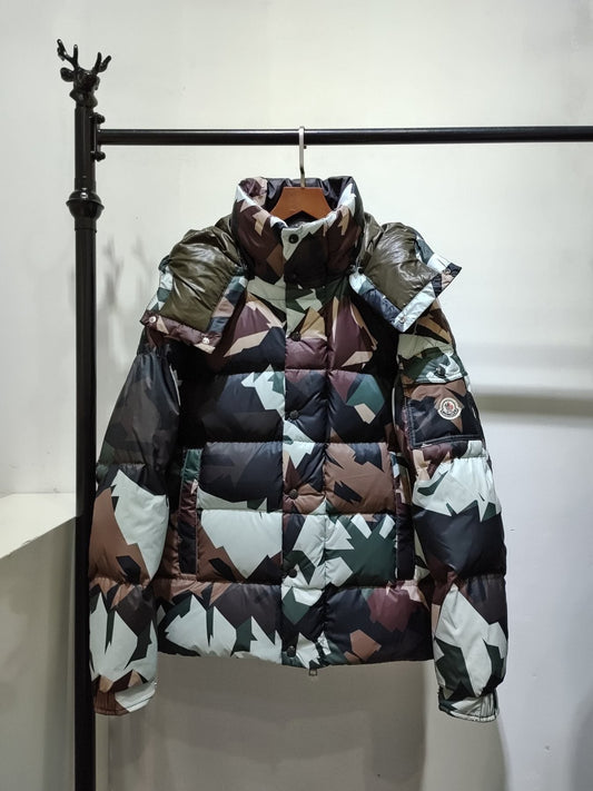 Moncler Geometric Camouflage Hooded Puffer Coat
