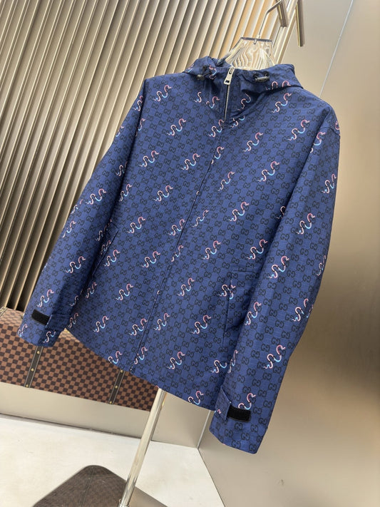 Gucci Blue Patterned Hooded Zip Jacket