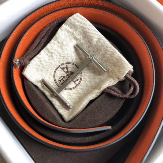 HERM H d'Ancre Reversible Belt In Orange/Noir Leather