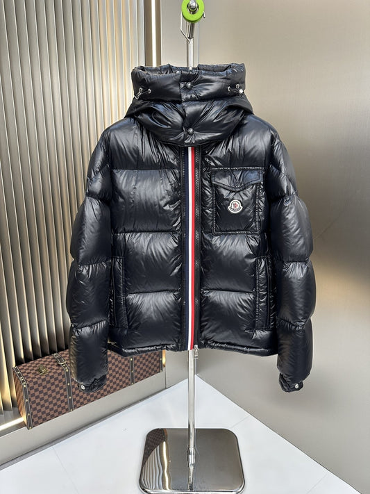Moncler Black Hooded Puffer Coat with Tricolor Zip Trim