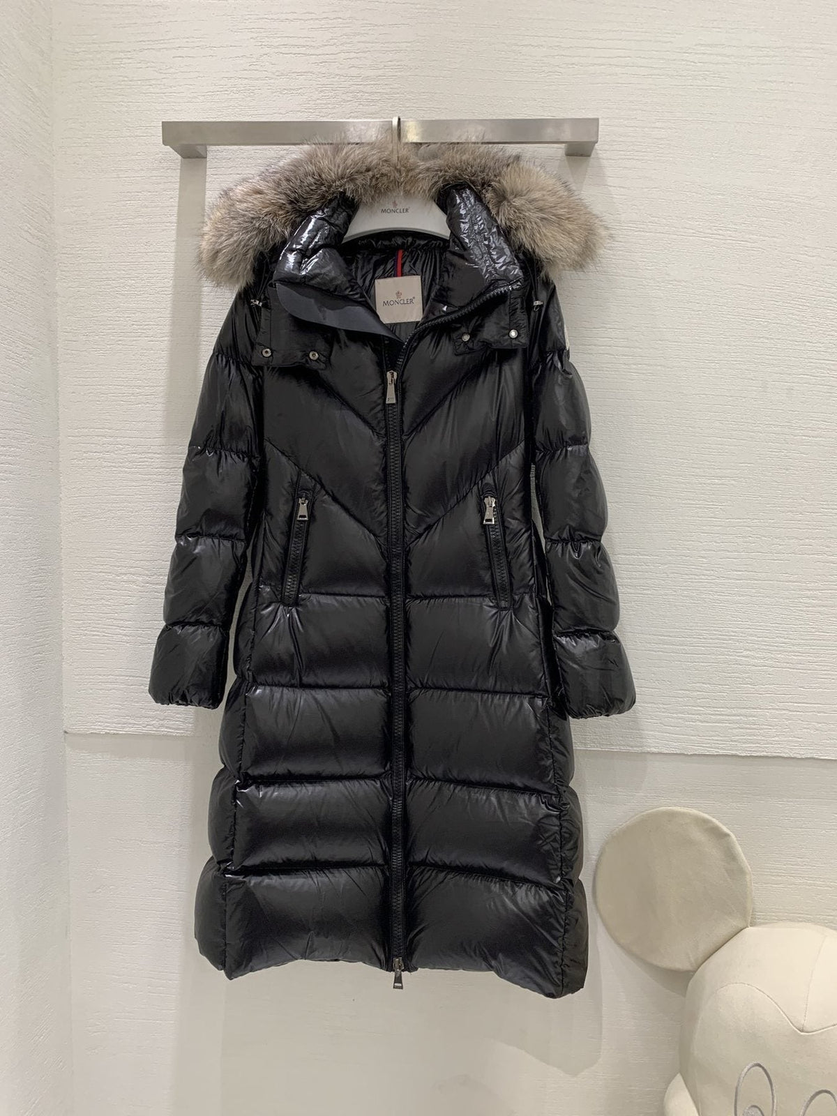 Moncler Women’s Long Down Jacket with Fur-Trim Hood