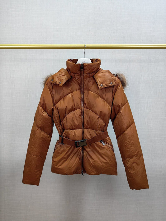 Moncler Women's Fur-Trim Hood Belted Short Down Coat