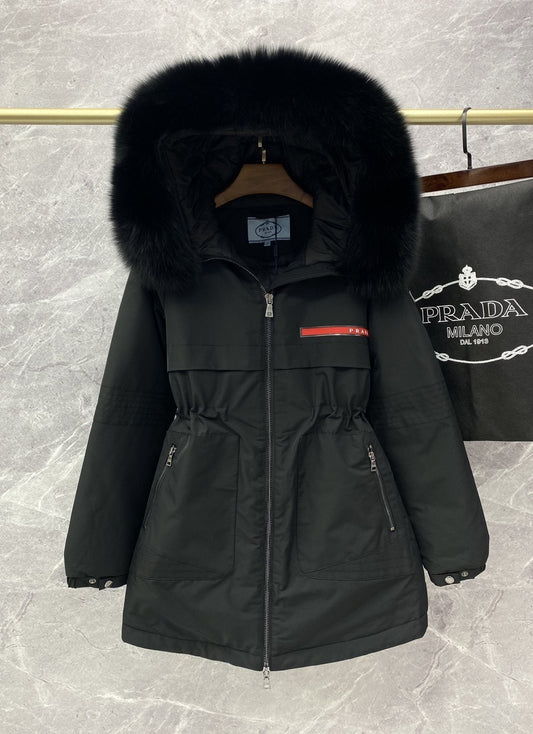 Prada Fur-Trim Hood Long Down Jacket