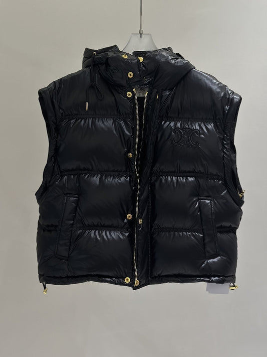 Celine Glossy Hooded Quilted Puffer Vest with Gold Buttons