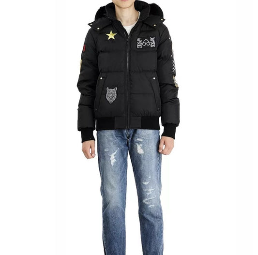 Moose Knuckles Black Fur-Trim Hooded Puffer Jacket