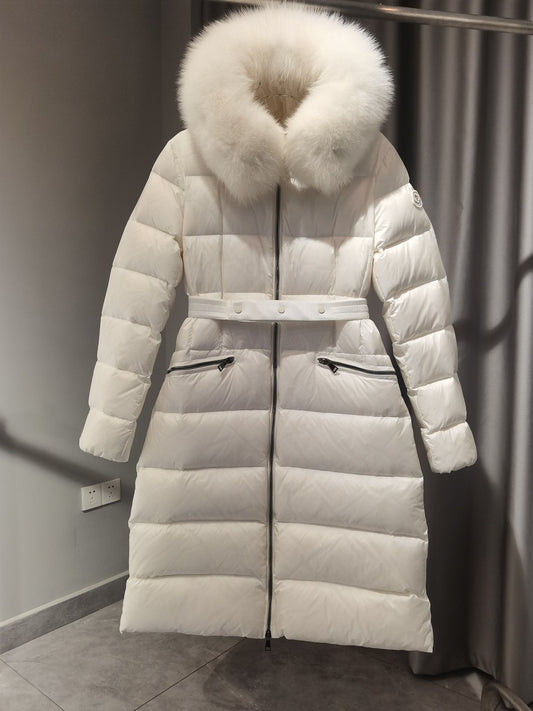 Moncler Long Belted Fur-Trim Hooded Down Coat