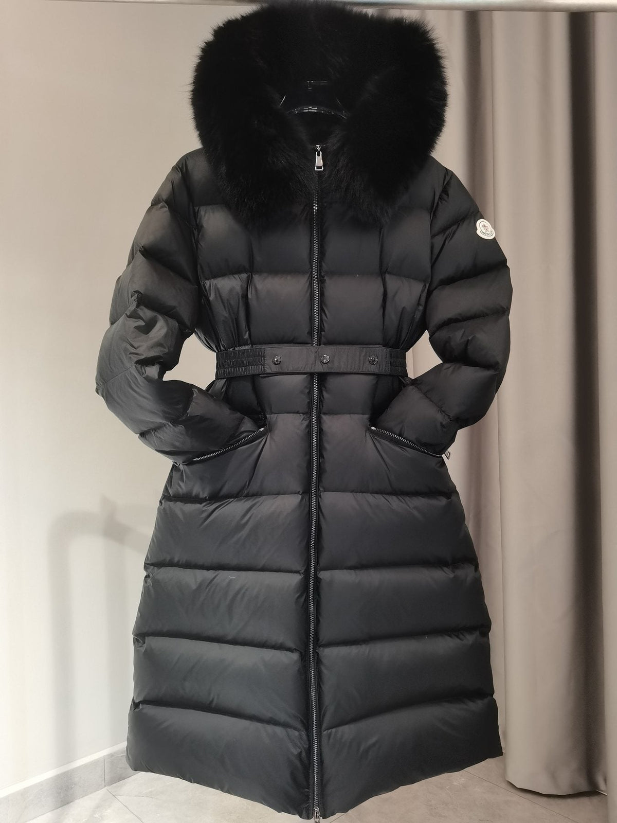 Moncler Long Belted Fur-Trim Hooded Down Coat