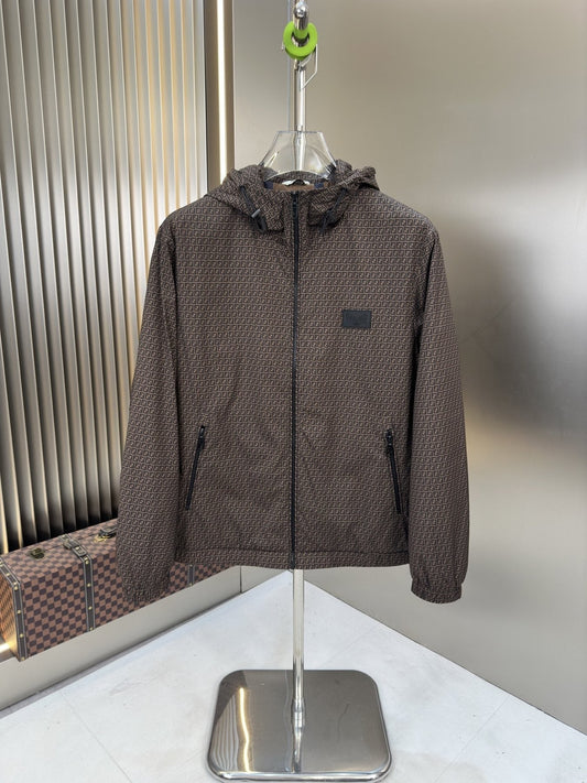 Fendi Micro-Pattern Hooded Zip Jacket